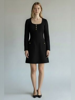 J.Crew nwot Wool Tweed Sophia scoop neck longsleeve Dress Black Gold Buttons 8